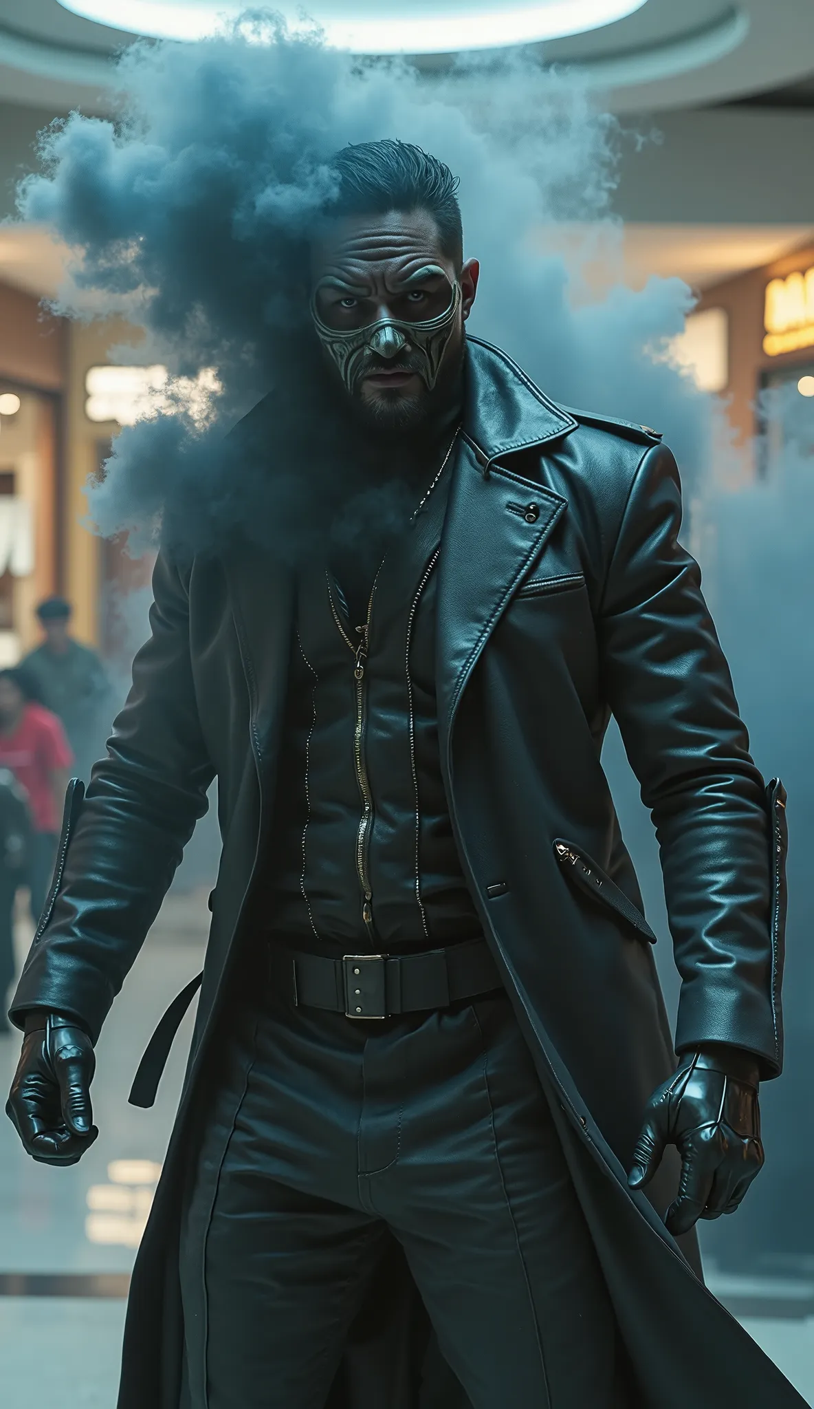 mask Plays actor Tom Hardy as Smoke from Mortal Kombat, hyper-realistic, vestido de gray com uma máscara de **iron** gray, in a mall, com um fundo hyper-realistic, 8k