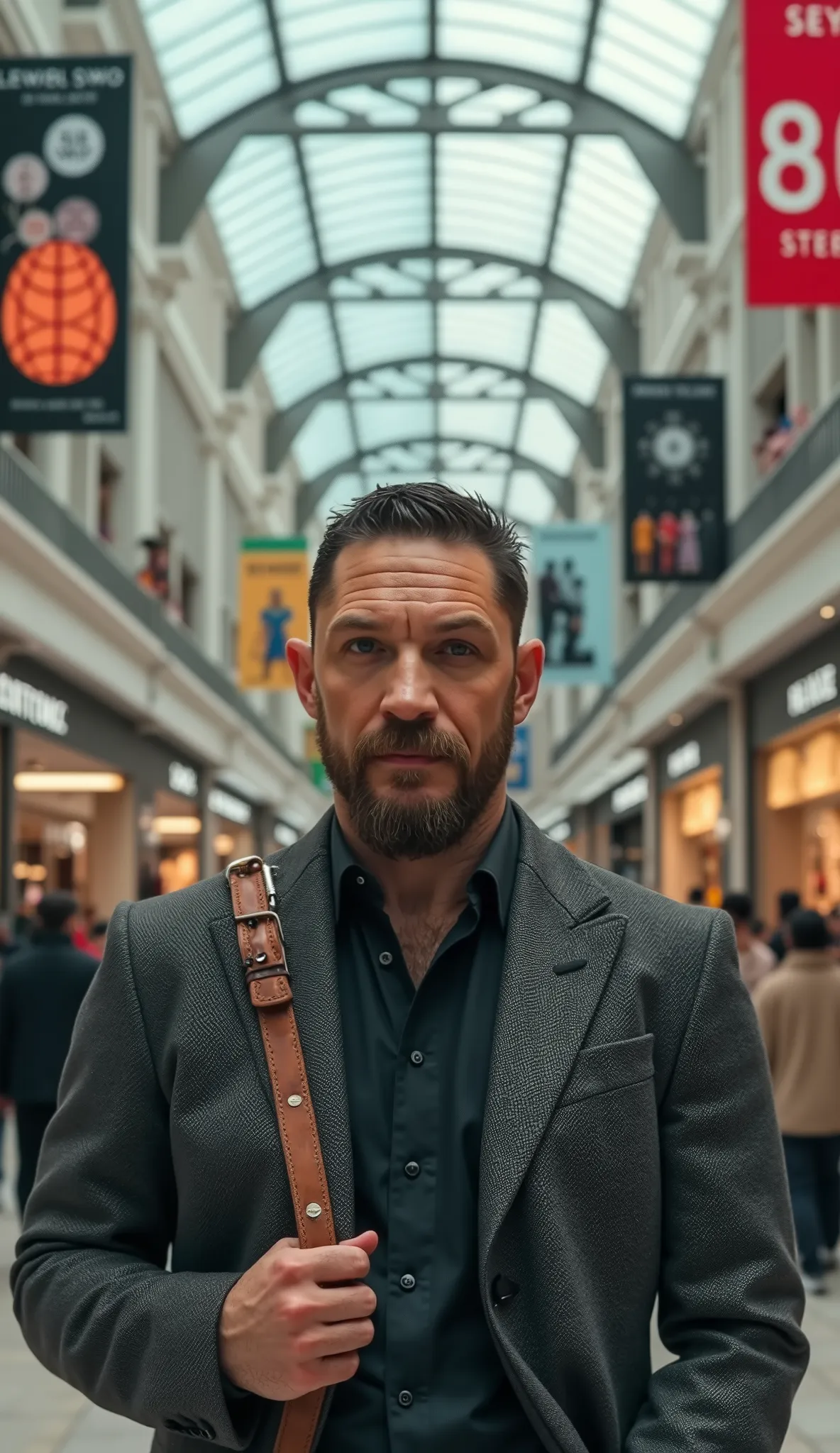 Make actor Tom Hardy hyperrealistic dressed in gray in a hyperrealistic mall background, upper body in 8k