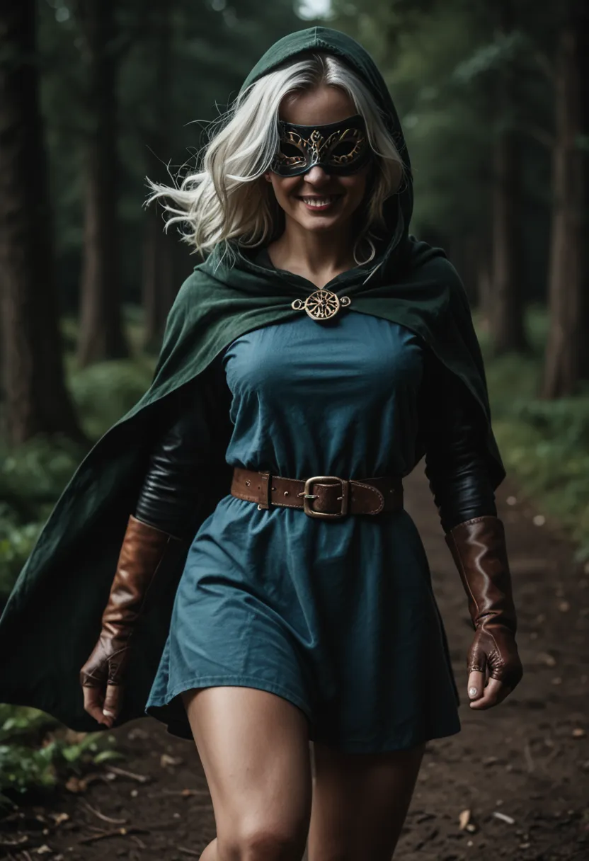 Short petite Caucasian woman with white hair,  shoulder length hair with bangs,  A dynamic figure dressed in medieval-style attire is prominently featured. The character wears a dark green hood with cape with a hood. ((Wearing a black leather eye mask, rob...
