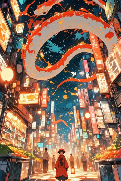 This is a vibrant, whimsical digital illustration depicting a bustling Asian street scene at night. The central focus is a massive, coiled red and white snake, with its head and tail extending from the bottom and top of the image, respectively. The snake's...