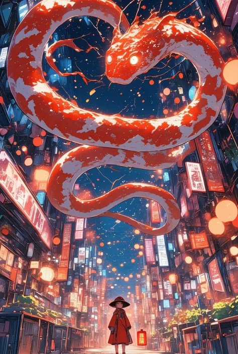 This is a vibrant, whimsical digital illustration depicting a bustling Asian street scene at night. The central focus is a massive, coiled red and white snake, with its head and tail extending from the bottom and top of the image, respectively. The snake's...