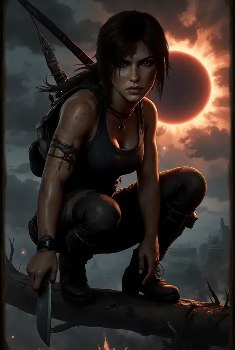 The picture shows Lara Croft, known from the game Shadow of the Tomb Raider, AMint egy fa ágán egyensúlyozik vagy éppen mozgásra készül, in an extremely dramatic and dangerous environment. In the background you can see a stunning solar eclipse, AMi egyedi ...