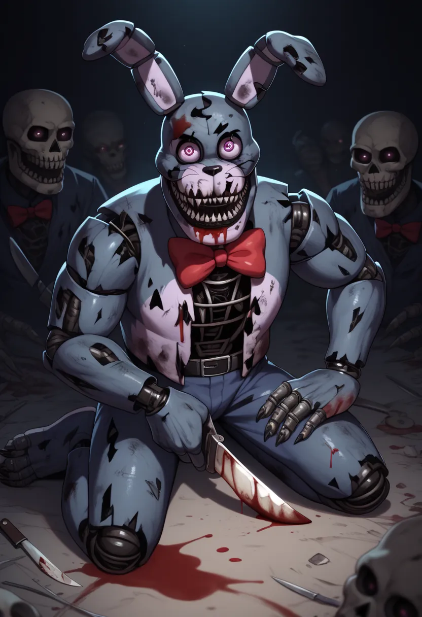 Bonnie's nightmare, Cortex, dirty, evil smile, looks at the viewer,   scary  (the subject), In the style of Dark Web, make him hold a black knife in his hand. Blood is spread everywhere in his hand. Another skull, Dead bodies on the ground, full body, sitting on the ground with a knife in hand and another hand with a skull 