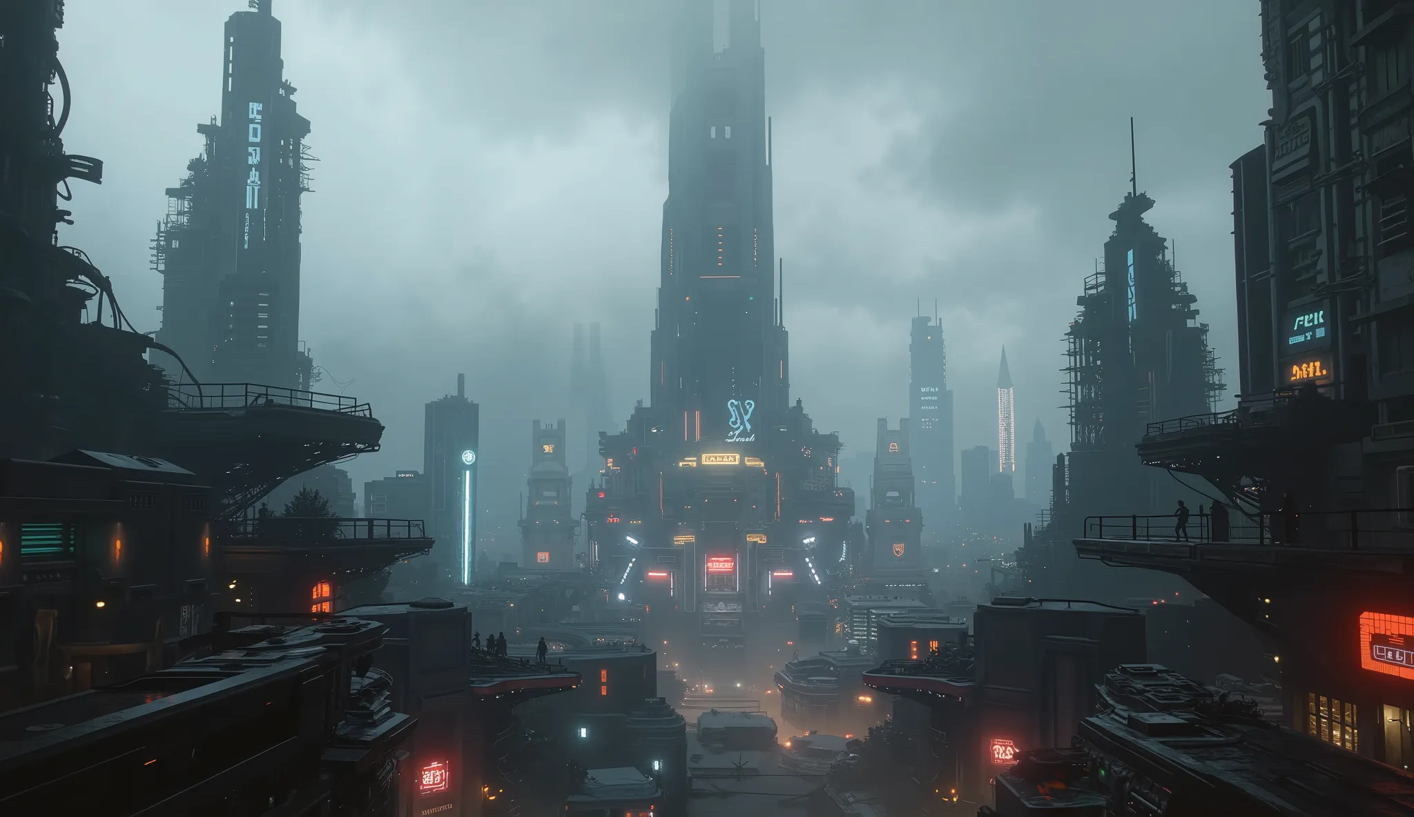 Futuristic city with lots of detail, neon lights in the distance in the city, dark environment, Camera shot inside the city, cyberpunk style, blade runner
