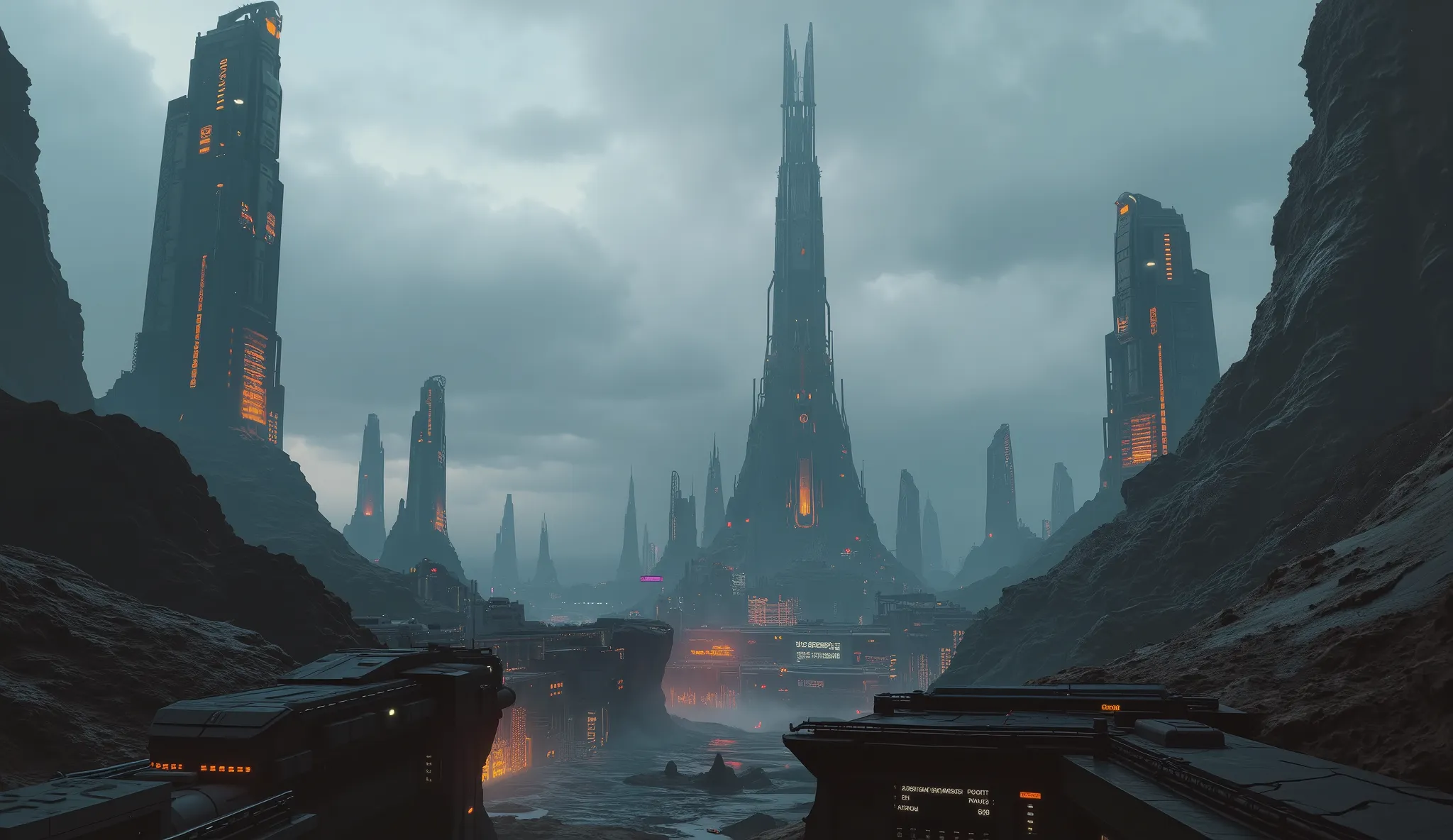 Camera shot from the floor upwards, Futuristic city with lots of detail, neon lights in the distance in the city, dark environment, Camera shot inside the city, cyberpunk style, blade runner