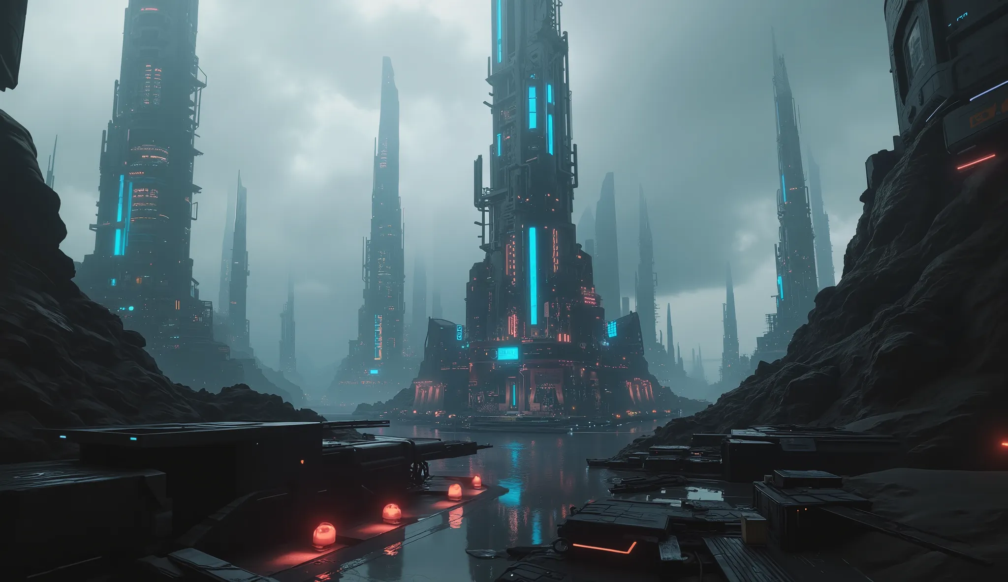 Futuristic city with lots of detail, neon lights in the distance in the city, dark environment, Camera shot inside the city