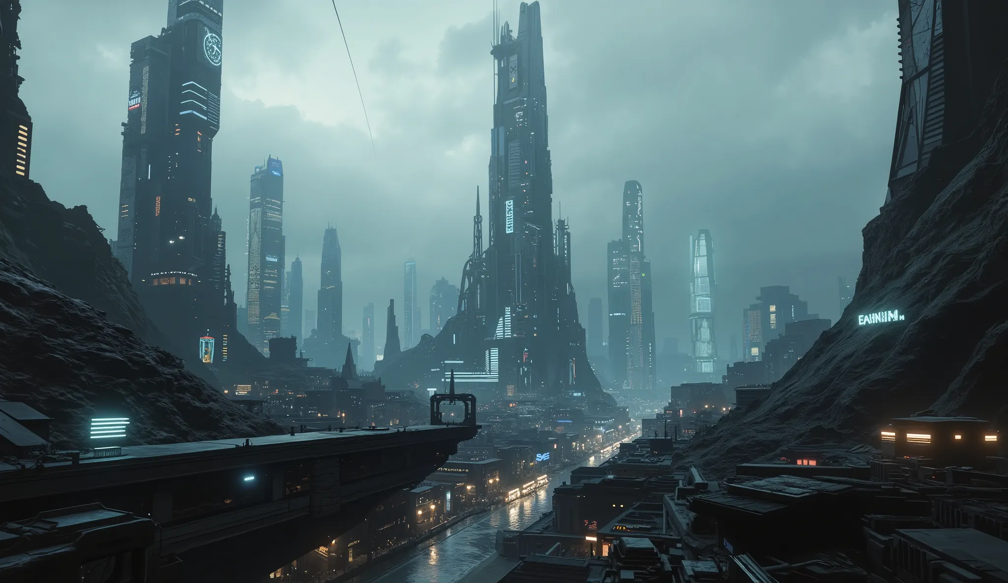 Futuristic city with lots of detail, neon lights in the distance in the city, dark environment, Camera shot inside the city