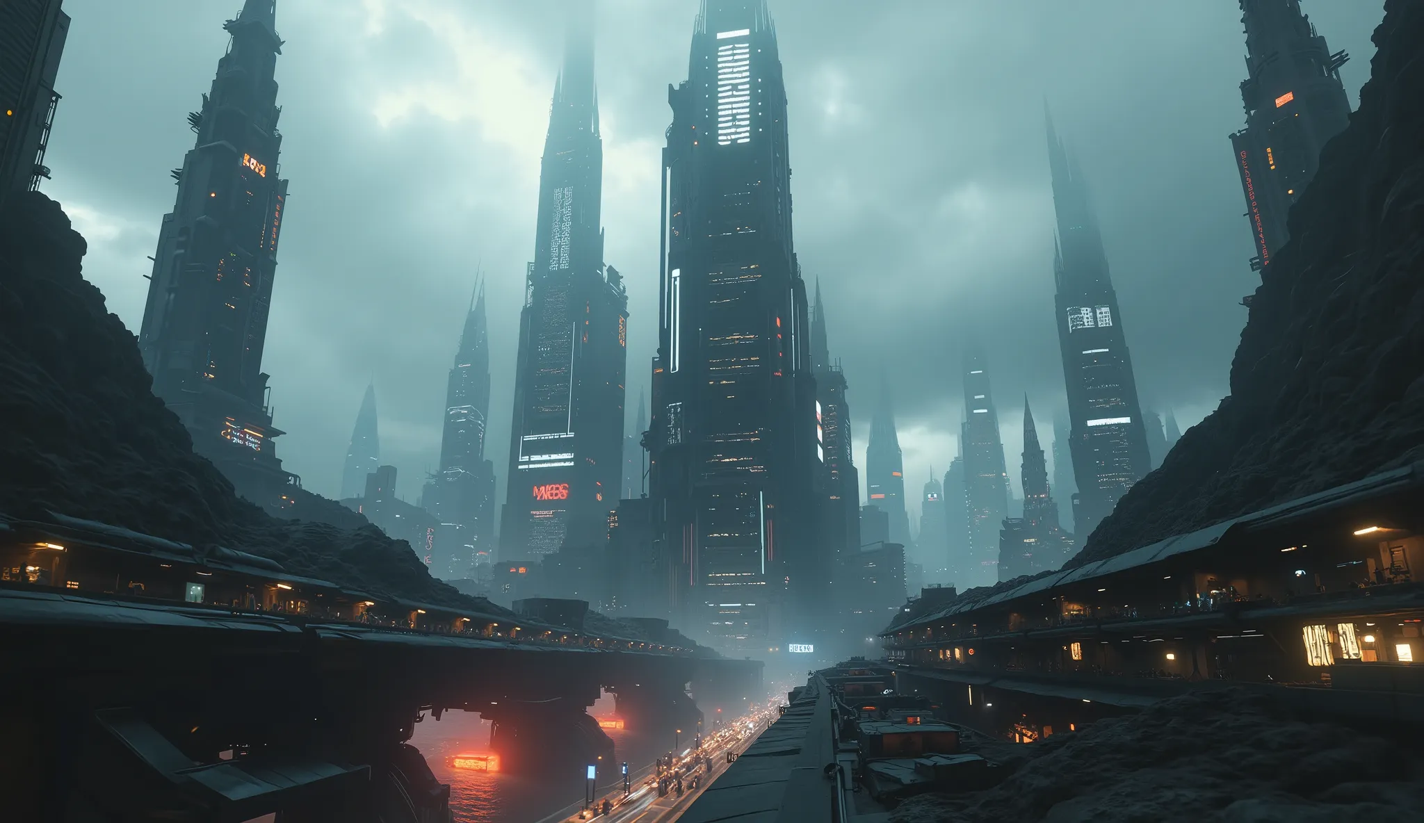 Futuristic city with lots of detail, neon lights in the distance in the city, dark environment, Camera shot inside the city