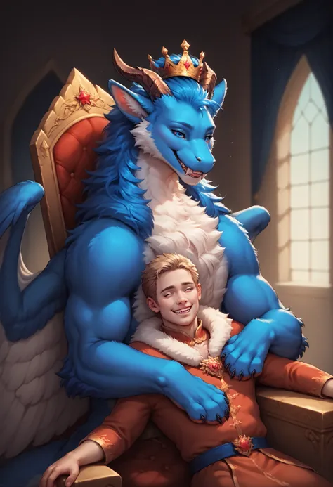 score_9, score_8_up, score_7_up, score_6_up, p3tl0v3, ((hugging adult human male in king mantle and crown)), masterpiece, high quality, realistic, detailed, best quality, 1girl, solo,source_furry, throne room, smiling,,darra, furred dragon, white and blue ...