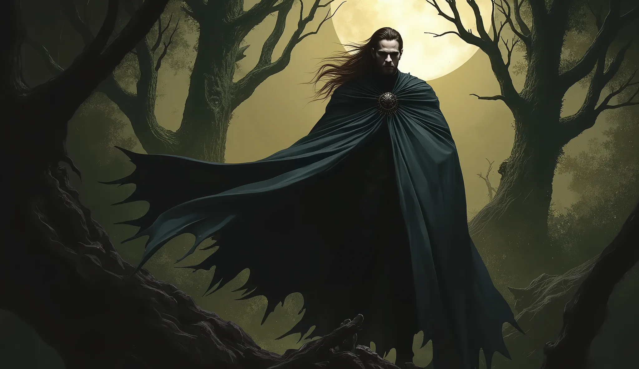 (((fulll body))). masterpiece, best quality, masterpiece, godlike quality, godlike art, highly detailed face, digital illustration of a medieval vampire man. long black hair, [cape]. Capture the essence of her power, (best quality), (masterpiece), realisti...