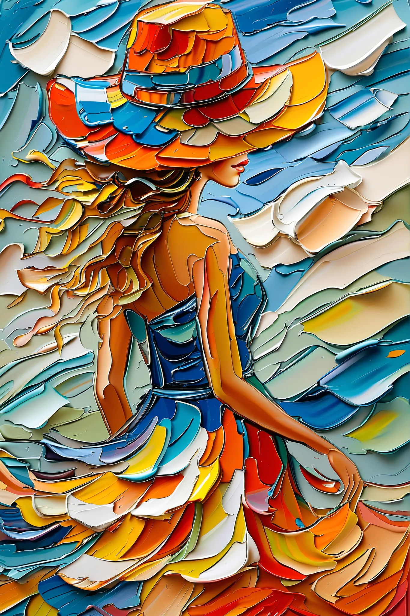 A vibrant and colorful painting of a woman in profile wearing a flowing dress and a wide-brimmed hat. The woman's hair is represented in a wavy shape, cascading down the back. The background is composed of abstract patterns in blue and white, possibly repr...