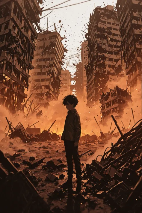 young man standing in a broken world, destroyed buildings, darkness, dust