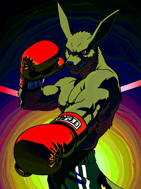 Animation Style, An anime-style illustration of Kurama from the Naruto series. Kurama has dark brown fur and is wearing boxing gloves and boxing shorts. He's in a boxing ring, ready to fight, with his cute, calm, gala, seductive face. Action anime art styl...