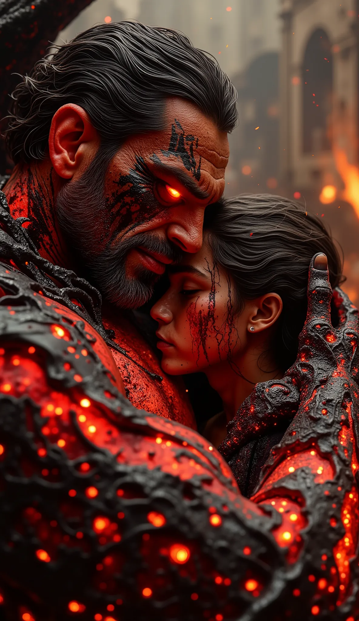 Hyper-realistic, high detail, photorealistic, cinematic.
Extreme close-up shot of a powerful, emotional embrace between Lucifer (satan) and his son. Lucifer’s eyes are half-closed, glowing softly with crimson light, his expression filled with fierce, prote...