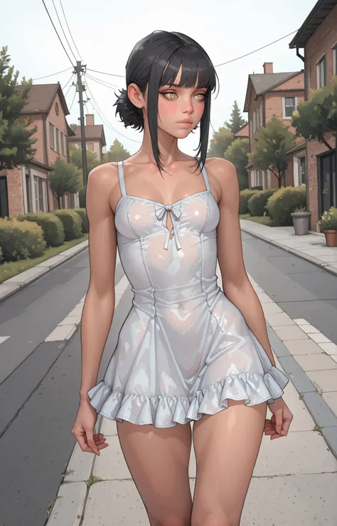 score_9, score_8_up, score_7_up, score_6_up, 8k, high detailed picture, anime style, masterpiece, very young girl, small perfect breasts, (thin, slender, narrow shoulders and hips, anorexic girl, slender legs and arms), hmuro, black hair, short hair, two s...
