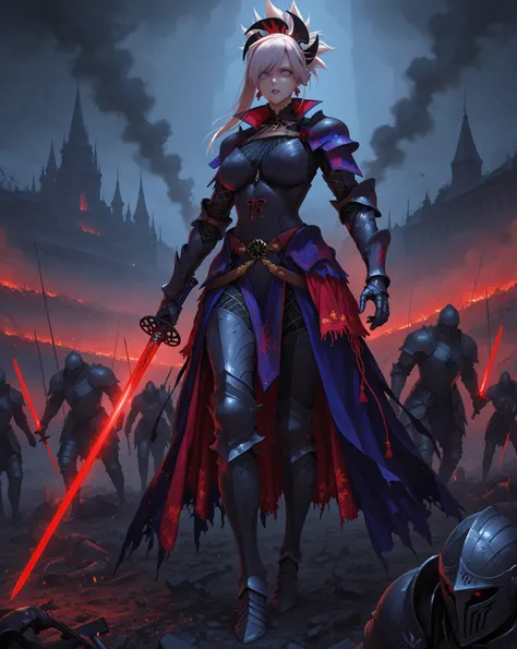 1woman,  perfect anatomy, masterpiece, best quality, very aesthetic, ultra-detailed, best illustration, unity 8k wallpaper, official art, 100-layer, intricate, overall detail,  steaming_body, lipstick, mature body, battlefield,  (muscular:1.1),  (armor), standing, falling to the dark, dark side, holding light sword, evil depravity, knight fell into darkness, Sith,  miyamoto musashi (fate), fate (series), fategrand order, Dark Lord of the Sith, Lord of the Sith, solo focus, character focus, (armor),