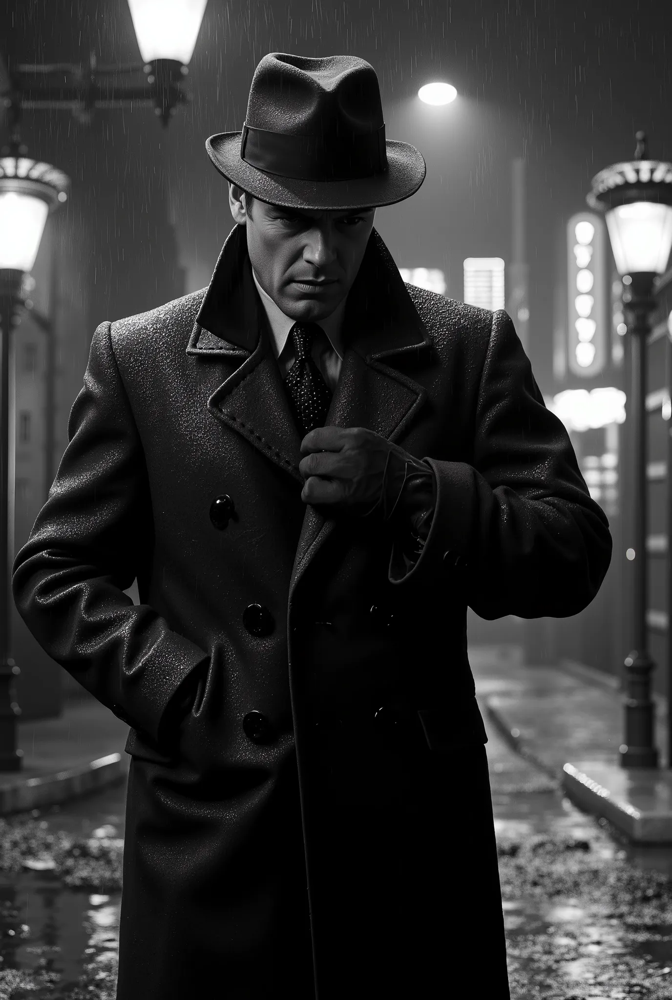 An ultra-realistic BLACK AND WHITE scene of a detective on an urban street at night, anos 40, estilo noir. He stands in the rain , with drops flowing down his fedora hat and the ultra-realistic black and white overcoat.  with an expression of frustration, ...