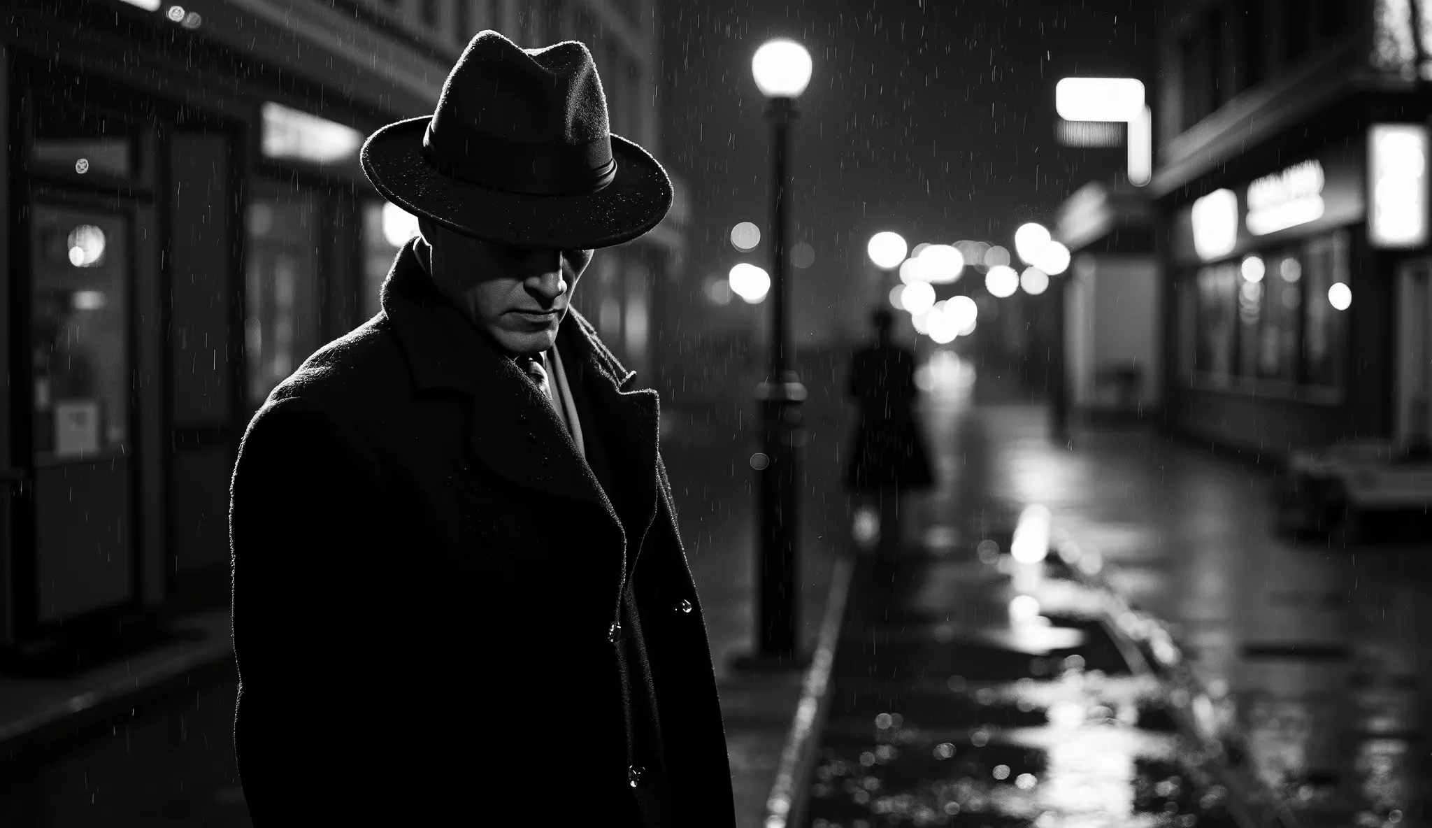 An ultra-realistic BLACK AND WHITE scene SEEN of a detective on an urban street at night, anos 40, estilo noir. He stands in the rain that begins to fall, with drops flowing down his fedora hat and the ultra-realistic black and white overcoat. O detetive, ...