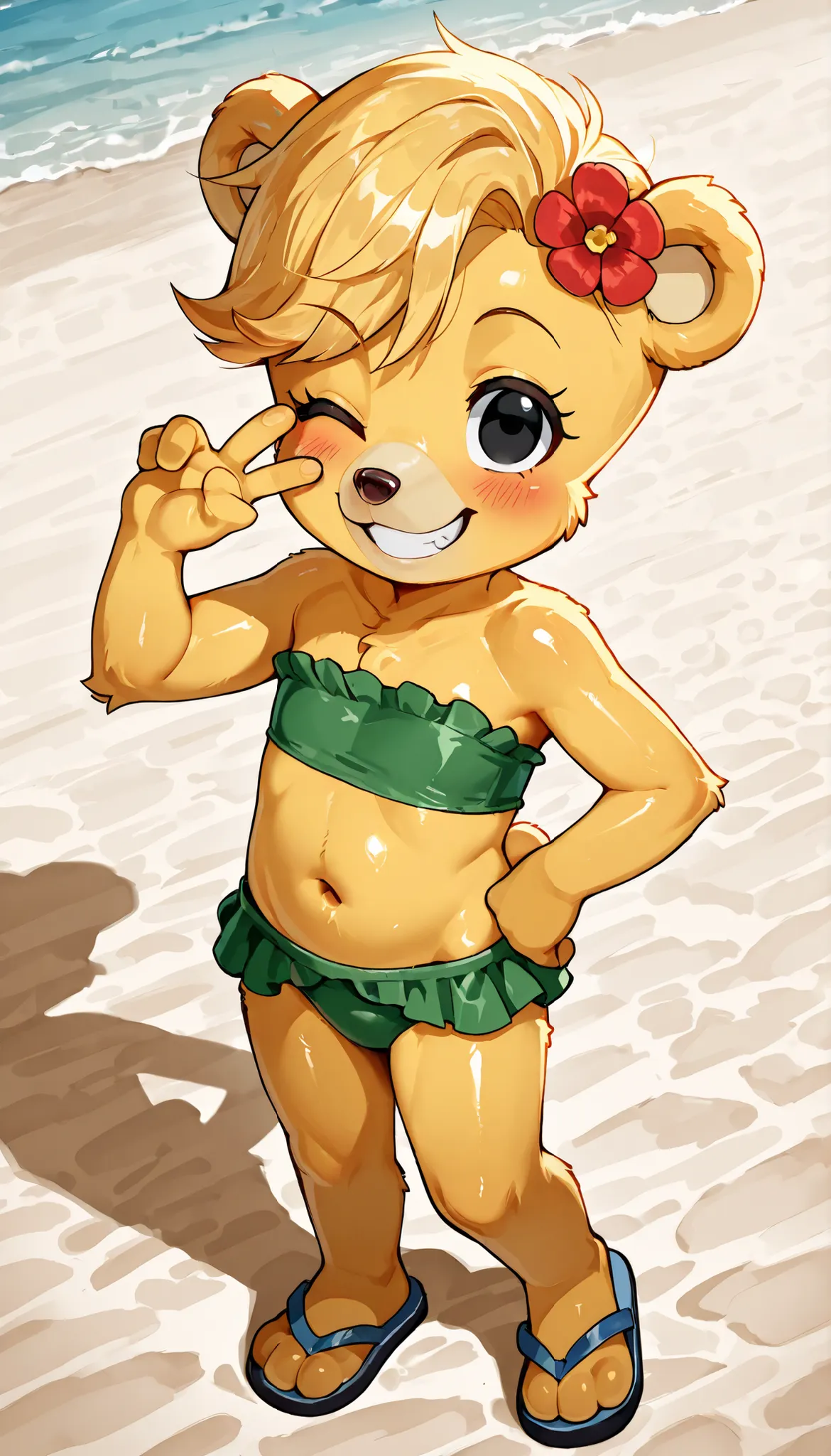 score_9, score_8_up, score_7_up, (masterpiece, best quality, very aesthetic, absurdres, source furry, shaded, 1girl, bear, furry female, Sunni Gummi, young, black eyes, smile, blush, blonde hair, messy bangs, bear features, bear ears, bear tail, yellow bod...