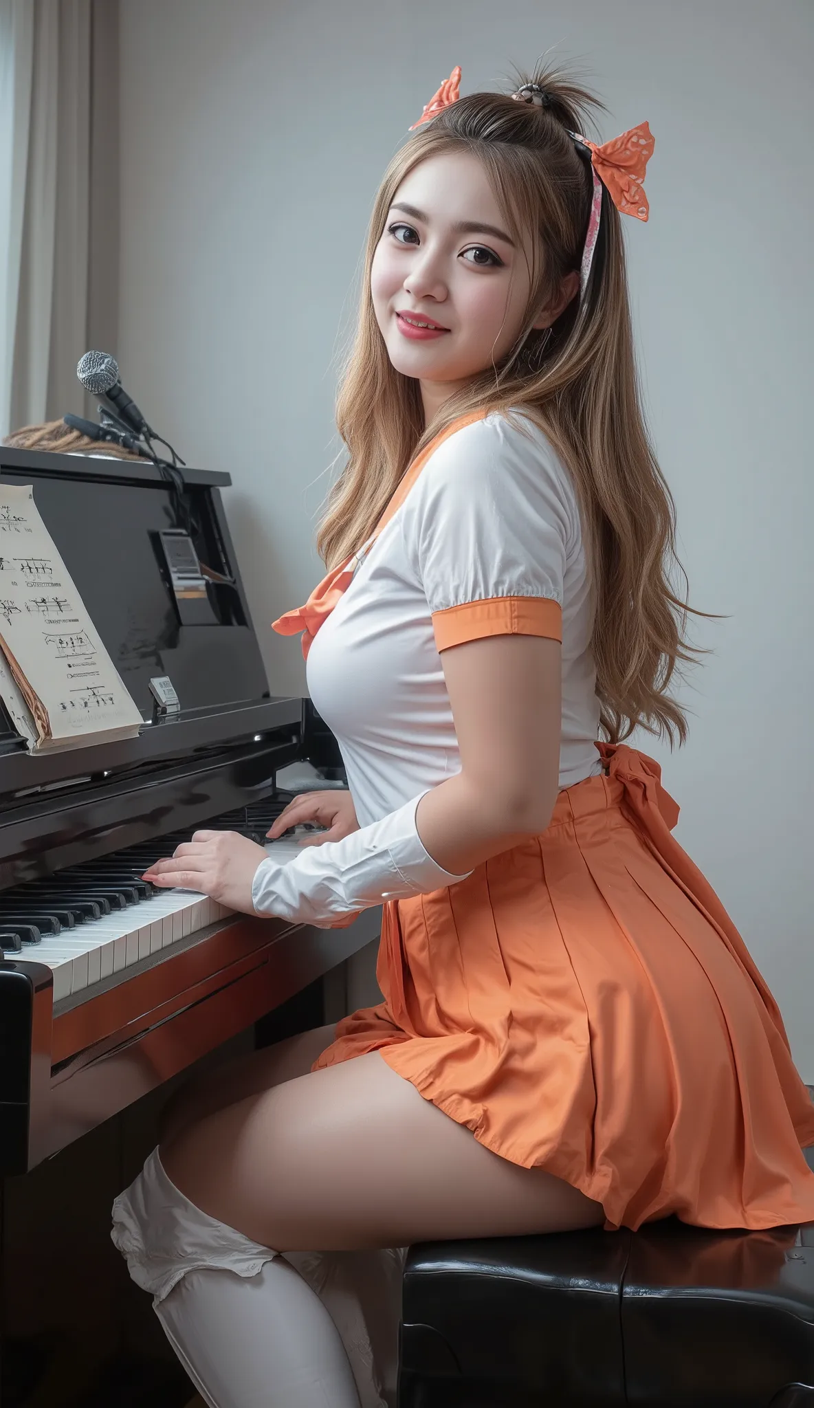 Masterpiece, 8K, Best Quality, Intricate Details, Ultra Details, Very High Resolution, ((Bright Blue Eyes: 1.21)), ((Full Body)), plump body, sexy body, curvy body, ((Woman: 1.2)), sitting, HDR, Ultra Detail, EF 24-70mm f/2.8L II USM, Best Quality, High Qu...