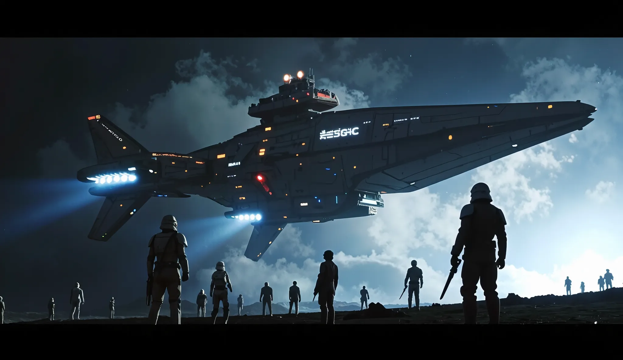 a highly detailed and cinematic scene, the galactic empire freaks out, that can't be a human warship, is that possible, a massive futuristic spacecraft of unknown origin, hovering ominously over a dark and foreboding alien landscape, its sleek angular desi...