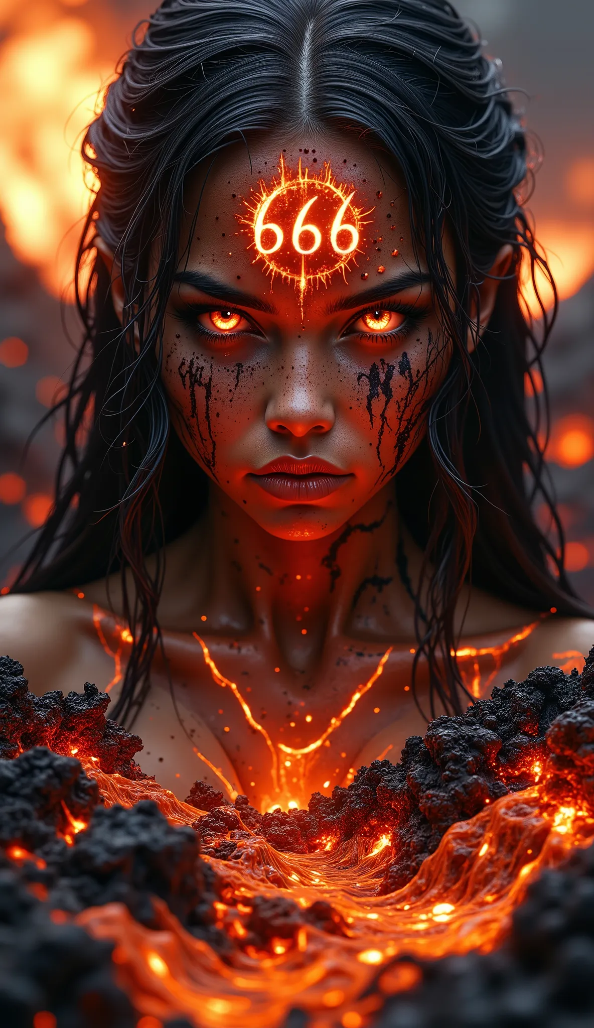 Hyper-realistic, high detail, photorealistic, cinematic.
Close-up frontal shot of a woman rising from a lake of molten ash, her skin covered in soot and glowing cracks where molten lava veins pulse beneath the surface. Her eyes burn with blazing red-orange...
