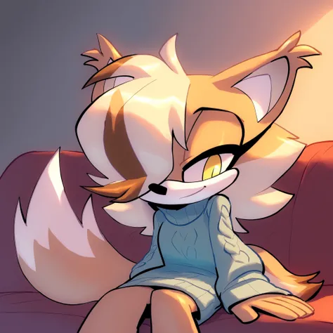 (2 Hair bang over one eye), hair bangs with brown tips, long whitish tan hair, brown highlights, messy hair, yellow eyes, Mobian Wolf, 1girl, (white muzzle), (wolf), (fluffy ears), (wolf tail), (tail with brown furred tip), bigdad/character, (Mobian), ((wh...