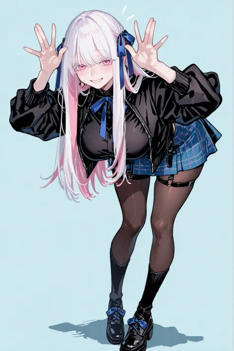   8k wallpaper、    top quality 、masterpiece、   748cm スThailandル   、    woman 1 person、ribbon、  skirt、  Black Jacket 、  pantyhose、 black shirt、 black knee socks 、rororogi mogera、 style strap 、 Thailand、blue skirt、  pantyhose、、white hair with pink lines、whit...