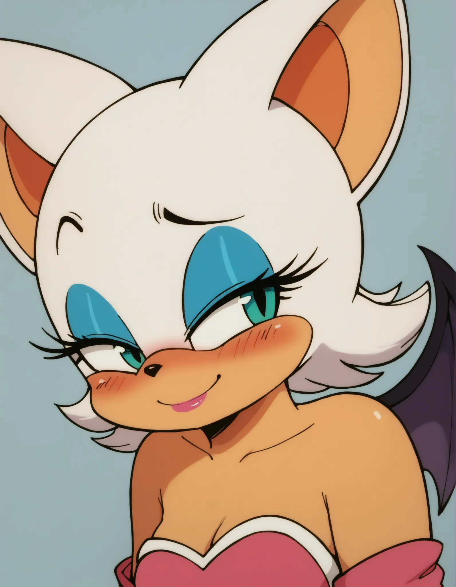 score_9, score_8_up, mobian, bat, ((white fur)), light blue eyes, long eyelashes, smile, shy, blush, very awa, flirt, 1girl, Rouge the Bat, white hair, drgbls1
