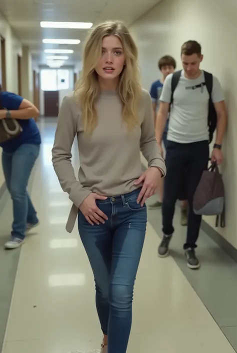 8k high resolution, best quality, dutch girl,  platinblonde hair as a braid, 20 years old, walking down busy hallway, busy school hallway, desperate to pee, visible need to pee, smeared makeup, peeing her pants, cant hold it, pee pants accident, visible we...