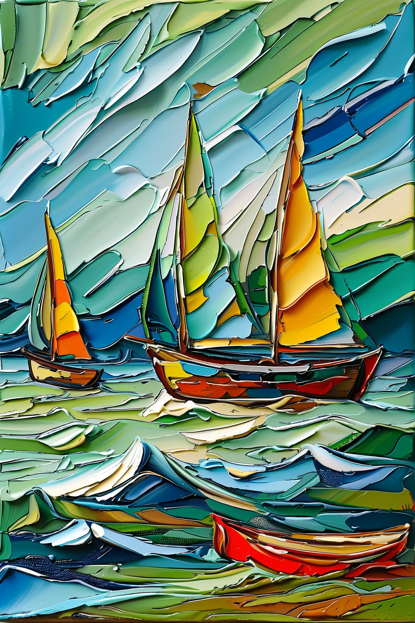 barcos nas ondas do mar,  romantic art , drawing , Calais from William Turner , pastel colors , blue and green,
o fundo é composto por padrões abstratos em azul e branco, possivelmente representando água ou ondas. O estilo da pintura é denso e texturizado,...