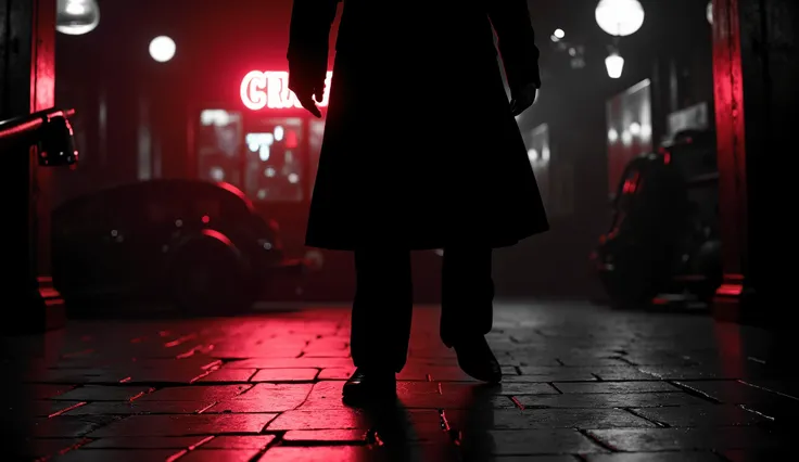 An ultra-realistic scene in BLACK AND WHITE, IT'S NIGHT AND IT'S DARK only small beams of red light COMING FROM A BAR BEHIND HIM illuminate the floor close up on the feet of a man walking in front of the viewer down the street, he wears a black overcoat, ...