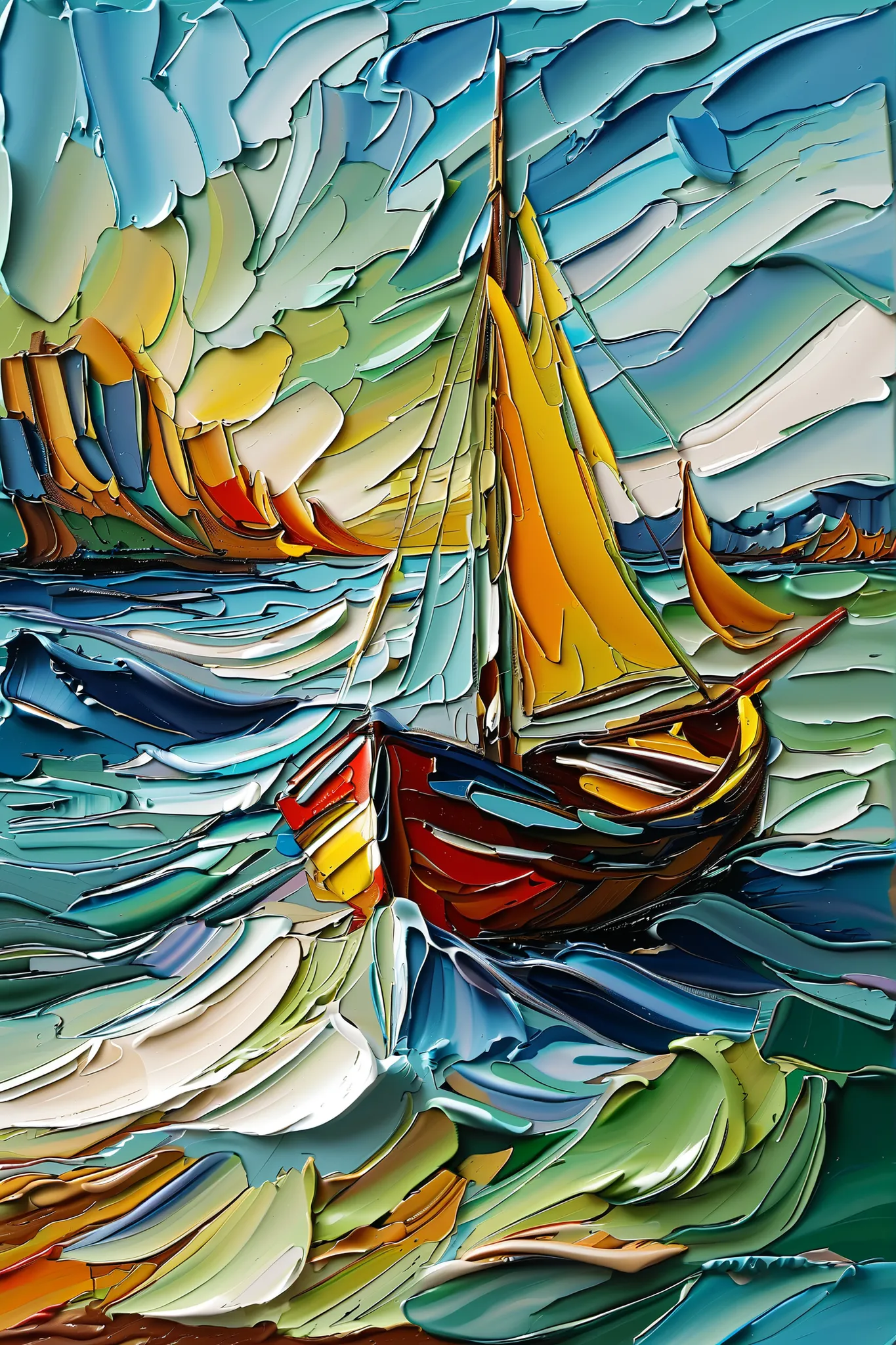barcos nas ondas do mar,  romantic art , drawing , Calais from William Turner , pastel colors , blue and green,
o fundo é composto por padrões abstratos em azul e branco, possivelmente representando água ou ondas. O estilo da pintura é denso e texturizado,...