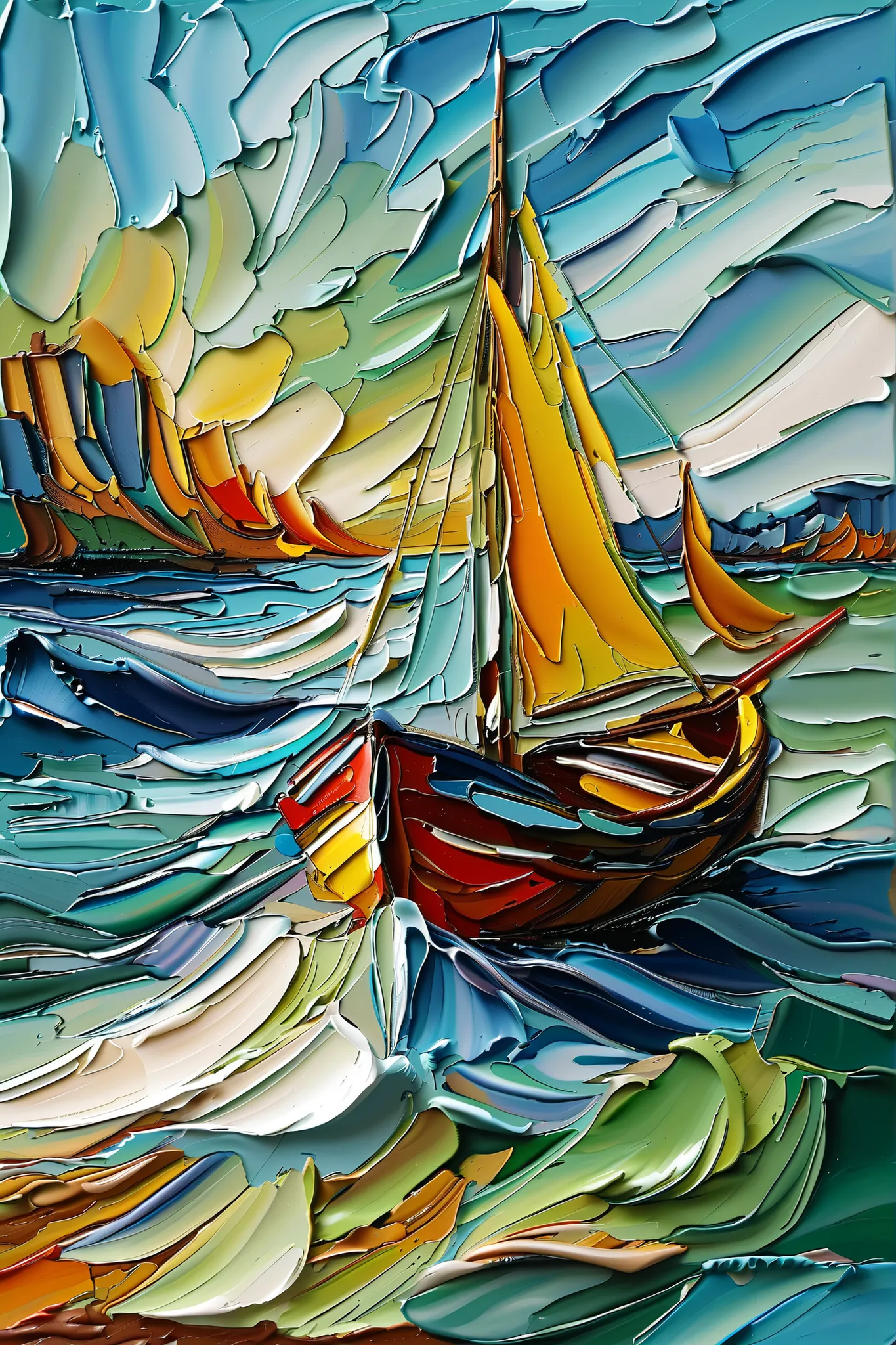 barcos nas ondas do mar,  romantic art , drawing , Calais from William Turner , pastel colors , blue and green,
o fundo é composto por padrões abstratos em azul e branco, possivelmente representando água ou ondas. O estilo da pintura é denso e texturizado,...