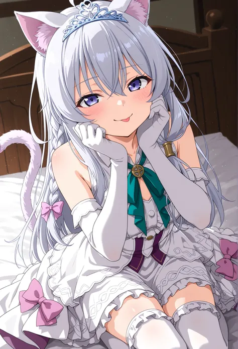 Elaina majo no tabitabi: hands on cheeks, slight smile, tongue out, playful expression, teasing eyes, blush, looking at viewer, smug face,tail,cat tail,animal ears,cat ears, aquaidol, frilled dress, two-tone dress,elbow gloves,tiara,,white thighhighs,prin...