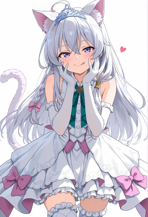 Elaina majo no tabitabi: hands on cheeks, slight smile, tongue out, playful expression, teasing eyes, blush, looking at viewer, smug face,tail,cat tail,animal ears,cat ears, aquaidol, frilled dress, two-tone dress,elbow gloves,tiara,,white thighhighs,prin...
