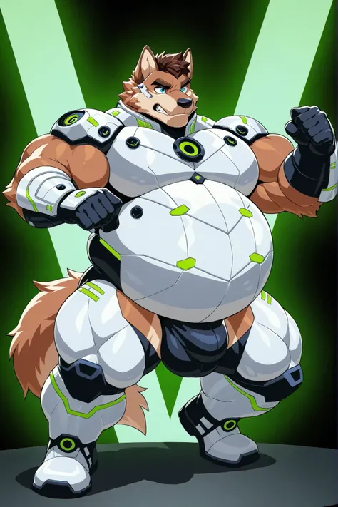 light brown wolf, furry, male focus, big belly, fat body, big large pectorals, muscular arms, thick thighs, huge muscular, short brown hair, blue eyes, gray futuristic armor, green lights, huge bulge, action pose, full body
