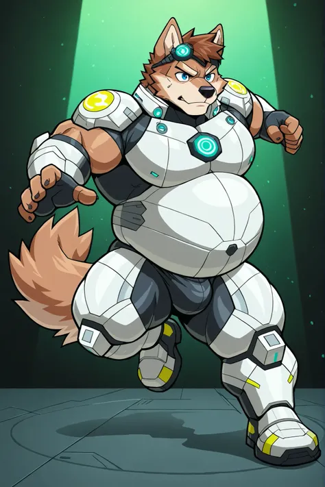 light brown wolf, furry, male focus, big belly, fat body, big large pectorals, muscular arms, thick thighs, huge muscular, short brown hair, blue eyes, light gray futuristic armor, green lights, bulge, action pose, full body