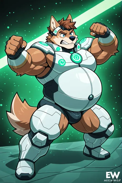 light brown wolf, furry, male focus, big belly, fat body, big large pectorals, muscular arms, thick thighs, huge muscular, short brown hair, blue eyes, light gray futuristic armor, green lights, bulge, action pose, full body