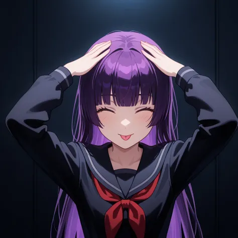 Masterpiece,  best quality ,  Amazing Quality ,  high resolution,   is ridiculous, very aesthetic,  high resolution,  Ultra Details,   perfect detail,  1 girl, Alone,  indoor,  medium , ,  long hair,  purple hair,   princess cut , blunt bangs ,  red eyes,  black sailor suit,   long sleeve ,  black sailor color,  red neckerchief,   black skirt,  pleated skirt,  black pantyhose ,  loafers , (OLDER :1.5),  stares at viewers, ( upper body:1.5), smile, ah eto bleh, ah eto... bleh (meme), hands on own head, meme, arms on head, tongue out, closed eyes,