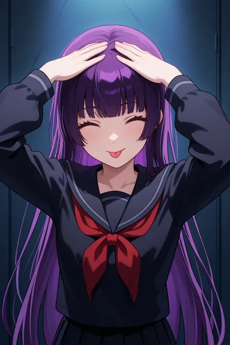 Masterpiece,  best quality ,  Amazing Quality ,  high resolution,   is ridiculous, very aesthetic,  high resolution,  Ultra Details,   perfect detail,  1 girl, Alone,  indoor,  medium , ,  long hair,  purple hair,   princess cut , blunt bangs ,  red eyes,  black sailor suit,   long sleeve ,  black sailor color,  red neckerchief,   black skirt,  pleated skirt,  black pantyhose ,  loafers , (OLDER :1.5),  stares at viewers, ( upper body:1.5), smile, ah eto bleh, ah eto... bleh (meme), hands on own head, meme, arms on head, tongue out, closed eyes,