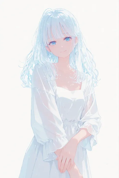anime girl, grown up, white long fuzzy hair, white plain dress, blue eyes, subtle pose, smile, transparent hair, jewelry, wispy bangs, coloured lighting