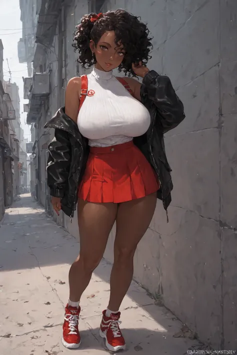 A young girl stands The character's hairstyle is short and slightly textured, adding to their dynamic and confident presence.  She has black curly hair placed to the left side of her face. She is a dark skinned black woman with huge breasts and a curvy bod...