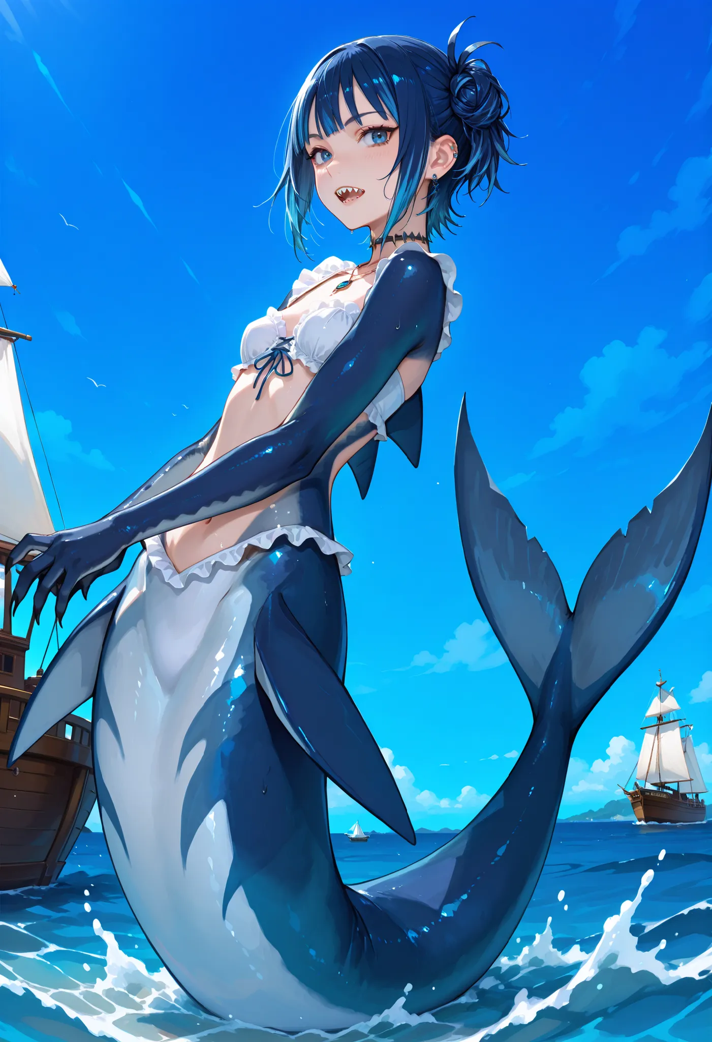 Shark girl. Mermaid style. Blue hair. Short hair. Rough hairstyle. Blue eyes. Shark teeth. Monster arms. Sharp claws. Shark tail. Sea surface. Jump out. Splash. Small boat. Sailing ship.