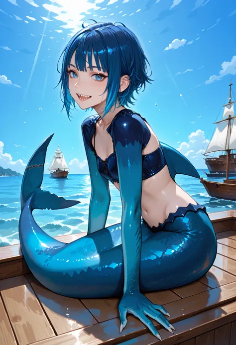 Shark girl. Mermaid style. Blue hair. Short hair. Rough hairstyle. Blue eyes. Shark teeth. Monster arms. Sharp claws. Shark tail. Sea surface. Jump out. Splash. Small boat. Sailing ship.