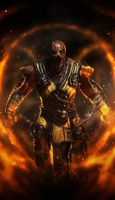 A male character, Sub-Zero, is at the center of the image. He is an adult, muscular in appearance, and dark in complexion. He wears a black mask and yellow and black clothing with patterns and textures similar to medieval armor, with decorative elements an...