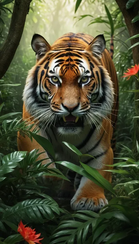 high-definition animated footage、footage of ferocious tigers lurking in dense Asian forest jungles during the seven-colored flower season、Trees that target the eyes of their prey々even feel like devils、tigers that watch over their prey。