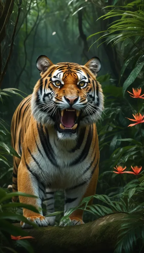 high-definition animated footage、footage of ferocious tigers lurking in dense Asian forest jungles during the seven-colored flower season、Trees that target the eyes of their prey々even feel like devils、tigers that watch over their prey。