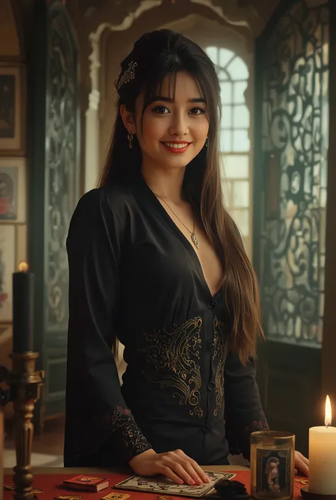 最High Quality, masterpiece, nothing, Female 1, 5, Japanese, Western-style fortune teller costume , Hair Ornament, necklace, jewelry, beautiful face above the castle gate, gentle smile, and _body, tyndall phenomenon, photorealistic, Divination Room, cand...