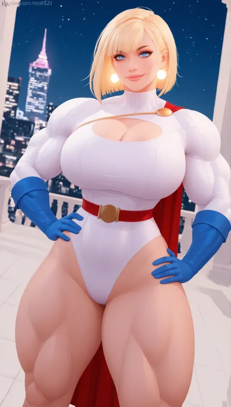 (masterpiece), (portrait), big breasts (aesthetics), ((1 female 21 years old)) ((((((muscular, super muscular woman, thick thighs, showing biceps, hand on waist)))))), Highlight earrings), ((Blunt cut hair)), ((Hot blonde hair)), straight hair, thin eyes o...